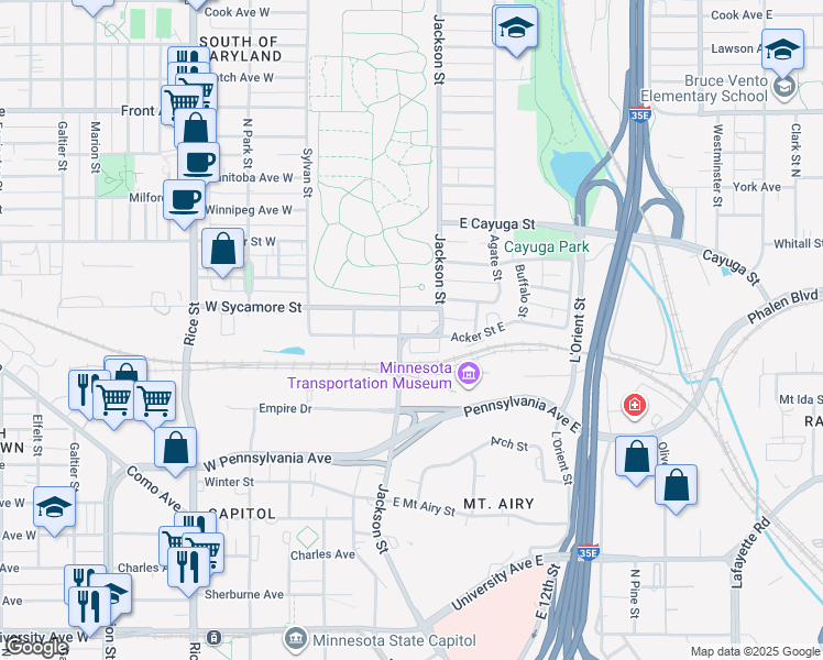 map of restaurants, bars, coffee shops, grocery stores, and more near 65 Acker Street East in Saint Paul
