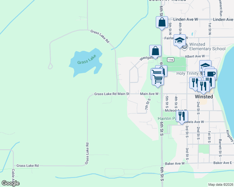 map of restaurants, bars, coffee shops, grocery stores, and more near 24001 Grass Lake Road in Winsted