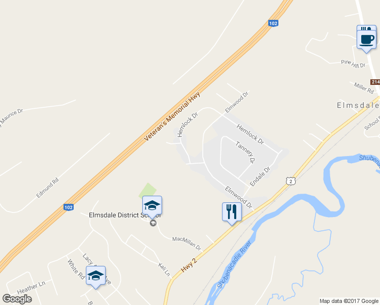 map of restaurants, bars, coffee shops, grocery stores, and more near 169 Hemlock Drive in Elmsdale