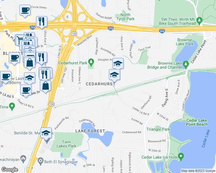 map of restaurants, bars, coffee shops, grocery stores, and more near 4401 Cedar Lake Road in Minneapolis