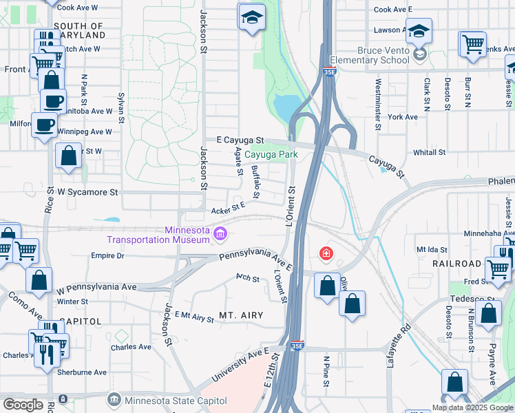 map of restaurants, bars, coffee shops, grocery stores, and more near 178 Acker Street East in Saint Paul