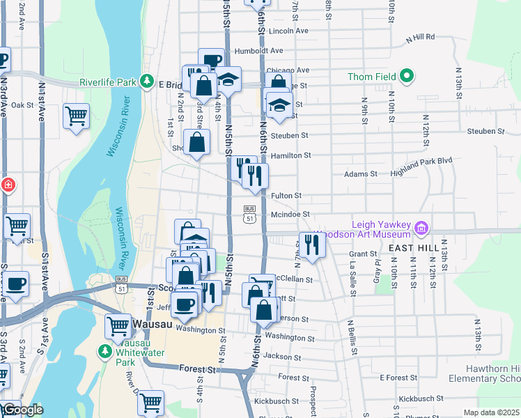 map of restaurants, bars, coffee shops, grocery stores, and more near 530 Mcindoe St in Wausau