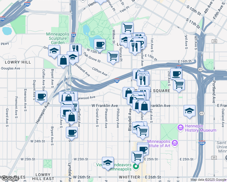 map of restaurants, bars, coffee shops, grocery stores, and more near 218 Ridgewood Avenue in Minneapolis