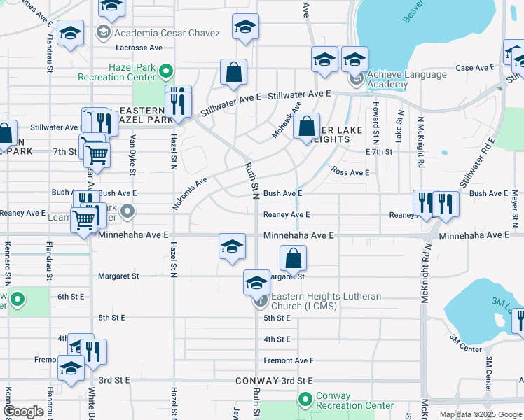 map of restaurants, bars, coffee shops, grocery stores, and more near 2027 Reaney Avenue East in Saint Paul