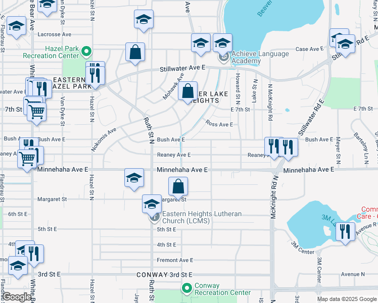 map of restaurants, bars, coffee shops, grocery stores, and more near 2095 Reaney Avenue East in Saint Paul