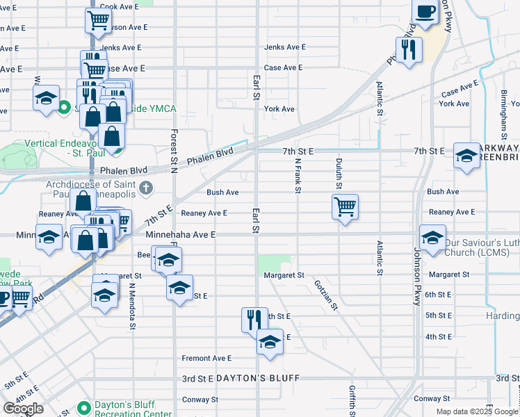 map of restaurants, bars, coffee shops, grocery stores, and more near 1061 Reaney Avenue East in Saint Paul