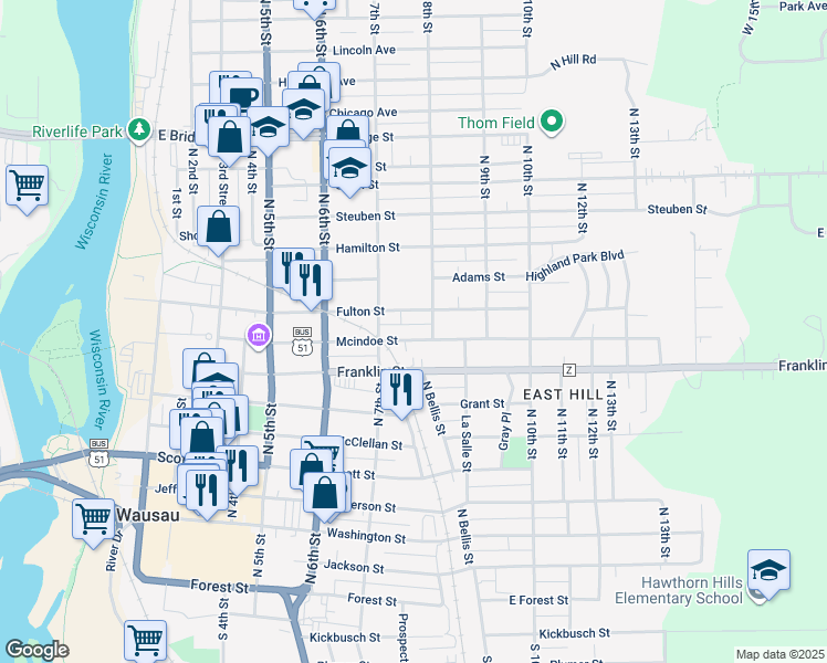 map of restaurants, bars, coffee shops, grocery stores, and more near 708 Mcindoe Street in Wausau