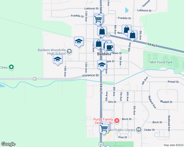 map of restaurants, bars, coffee shops, grocery stores, and more near 1110 Florence Street in Baldwin