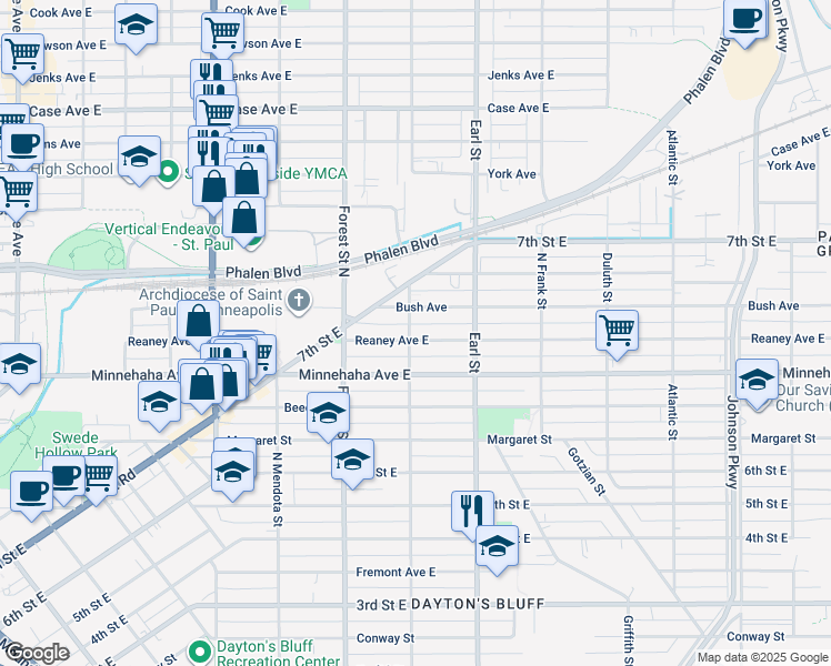 map of restaurants, bars, coffee shops, grocery stores, and more near in Saint Paul