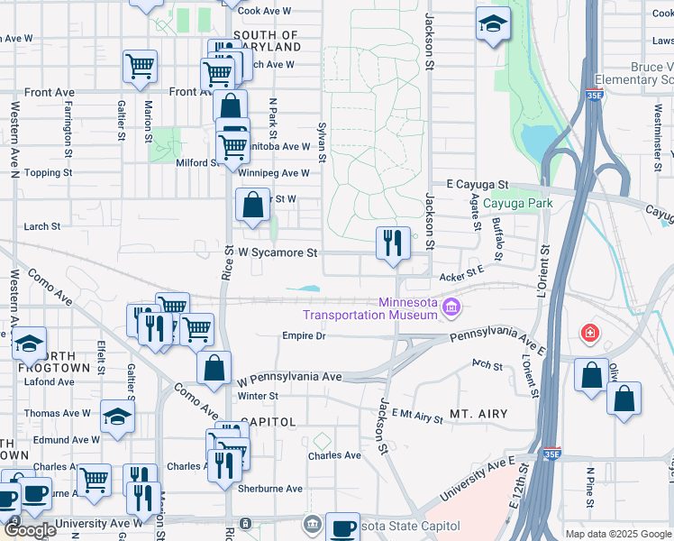 map of restaurants, bars, coffee shops, grocery stores, and more near 16 Acker Street East in Saint Paul