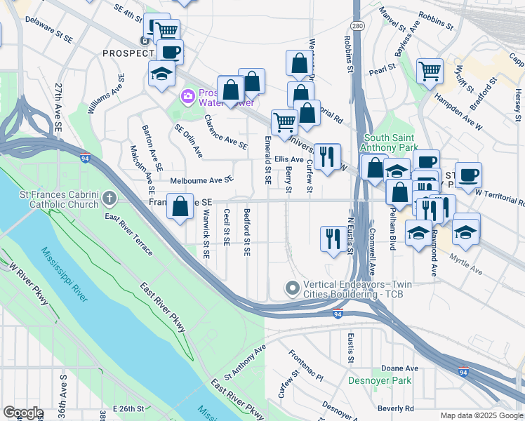 map of restaurants, bars, coffee shops, grocery stores, and more near 145 Bedford Street Southeast in Minneapolis
