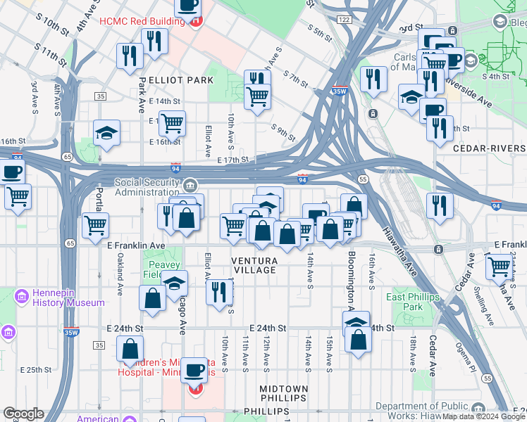 map of restaurants, bars, coffee shops, grocery stores, and more near in Minneapolis
