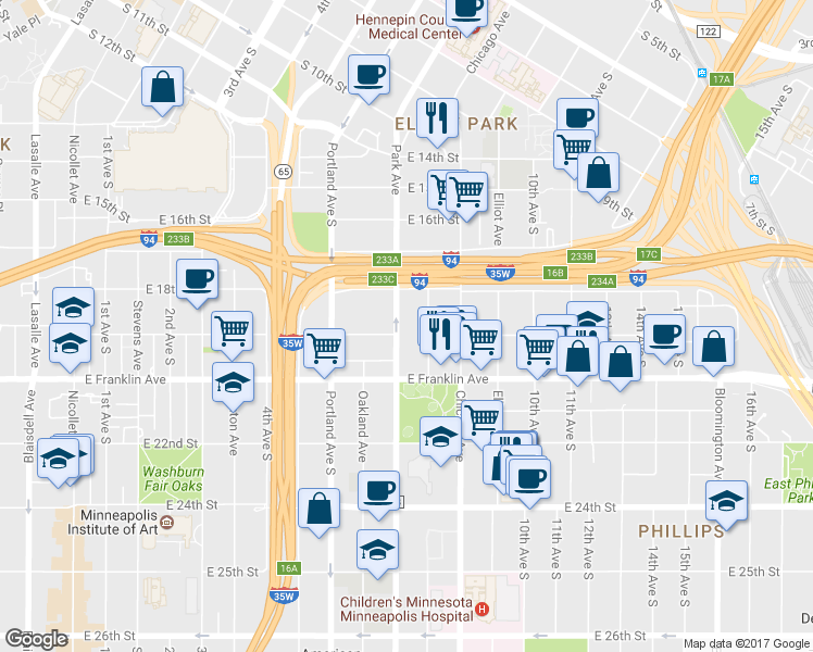 map of restaurants, bars, coffee shops, grocery stores, and more near 1832 Columbus Avenue in Minneapolis
