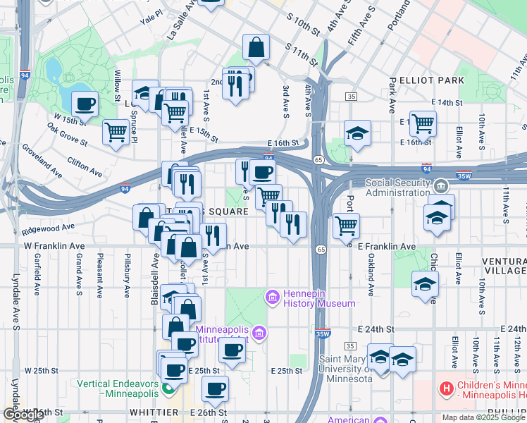 map of restaurants, bars, coffee shops, grocery stores, and more near in Minneapolis