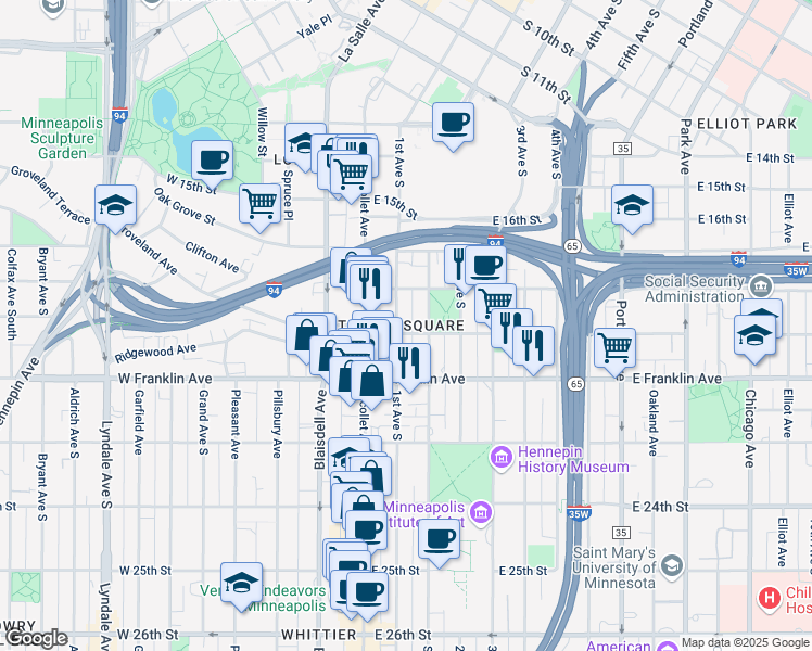 map of restaurants, bars, coffee shops, grocery stores, and more near in Minneapolis