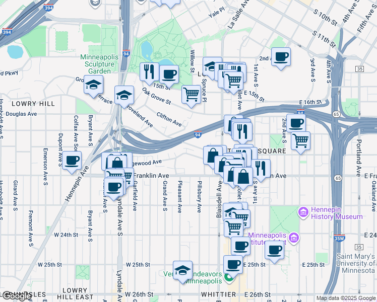 map of restaurants, bars, coffee shops, grocery stores, and more near 218 Ridgewood Avenue in Minneapolis