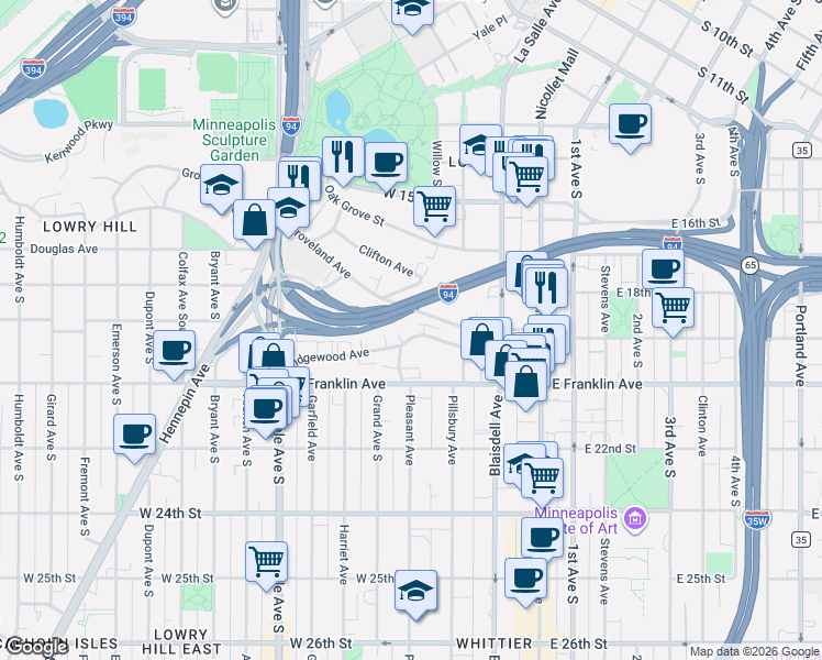 map of restaurants, bars, coffee shops, grocery stores, and more near 400 Ridgewood Avenue in Minneapolis