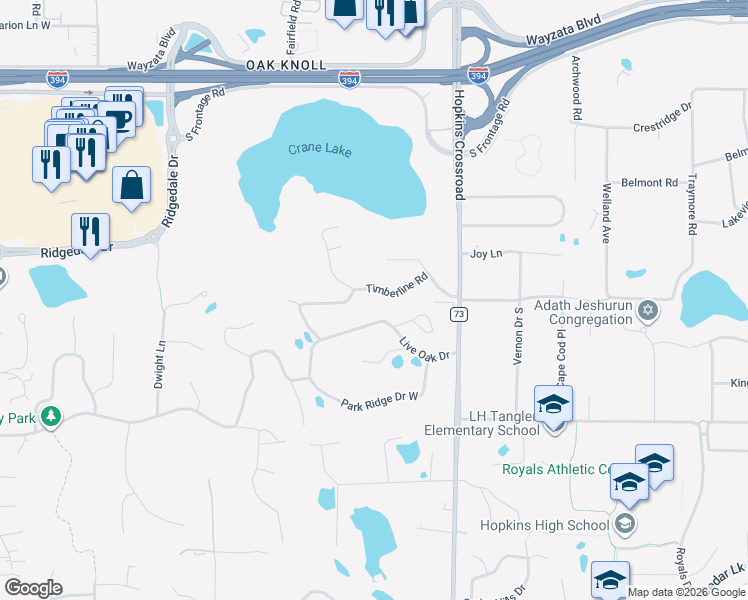 map of restaurants, bars, coffee shops, grocery stores, and more near 11601 Timberline Road in Hopkins