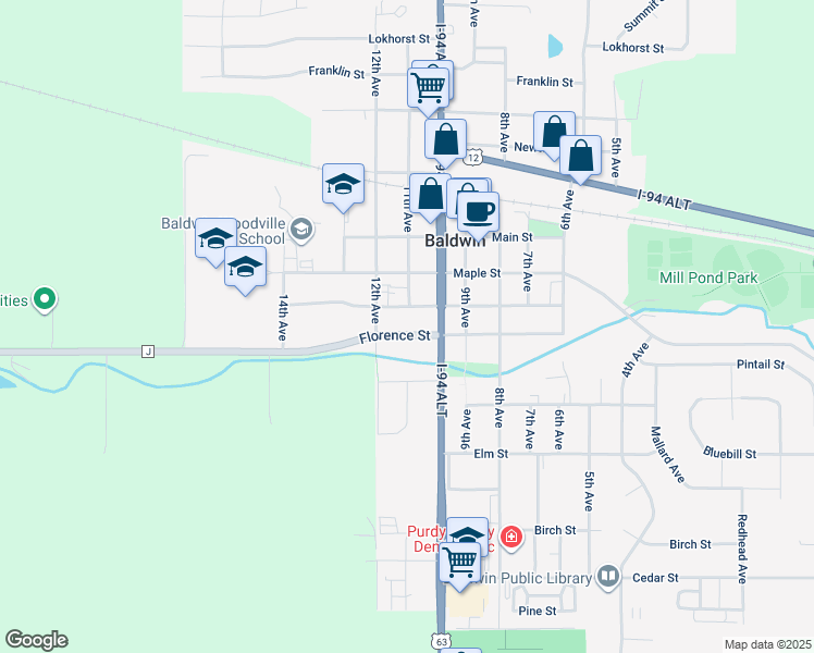 map of restaurants, bars, coffee shops, grocery stores, and more near 1110 Florence Street in Baldwin