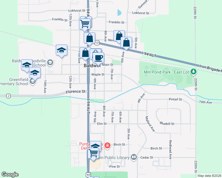 map of restaurants, bars, coffee shops, grocery stores, and more near 720 Florence Street in Baldwin