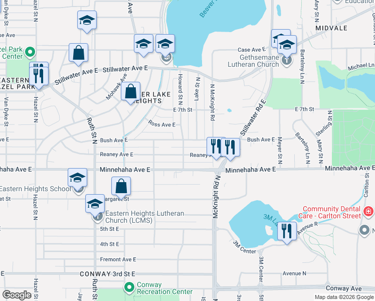 map of restaurants, bars, coffee shops, grocery stores, and more near 2207 Reaney Avenue East in Saint Paul
