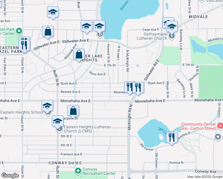 map of restaurants, bars, coffee shops, grocery stores, and more near 2207 Reaney Avenue East in Saint Paul