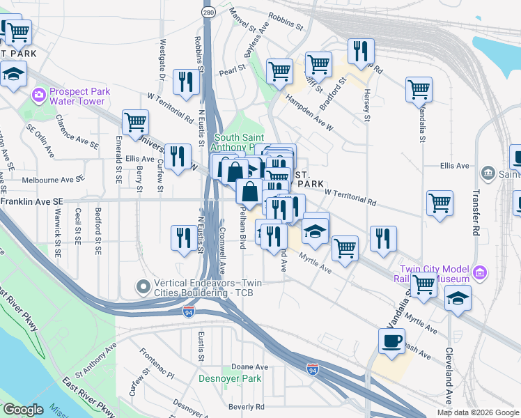 map of restaurants, bars, coffee shops, grocery stores, and more near 2446 University Ave W in St Paul