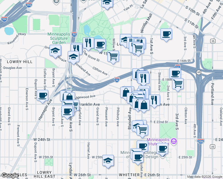 map of restaurants, bars, coffee shops, grocery stores, and more near 218 Ridgewood Avenue in Minneapolis