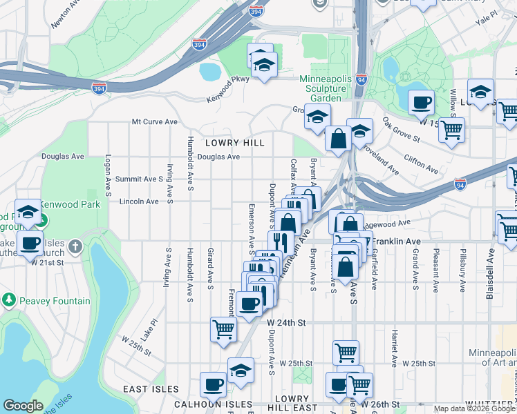 map of restaurants, bars, coffee shops, grocery stores, and more near 1901 Emerson Avenue South in Minneapolis