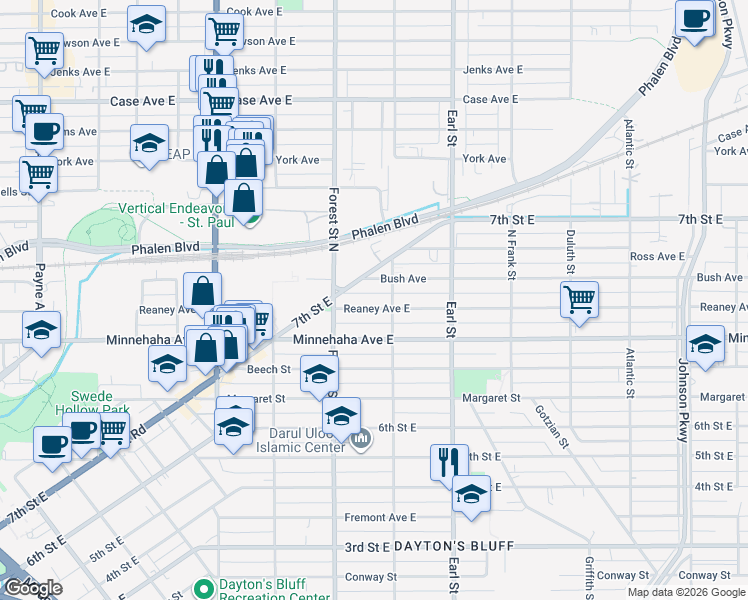 map of restaurants, bars, coffee shops, grocery stores, and more near in Saint Paul