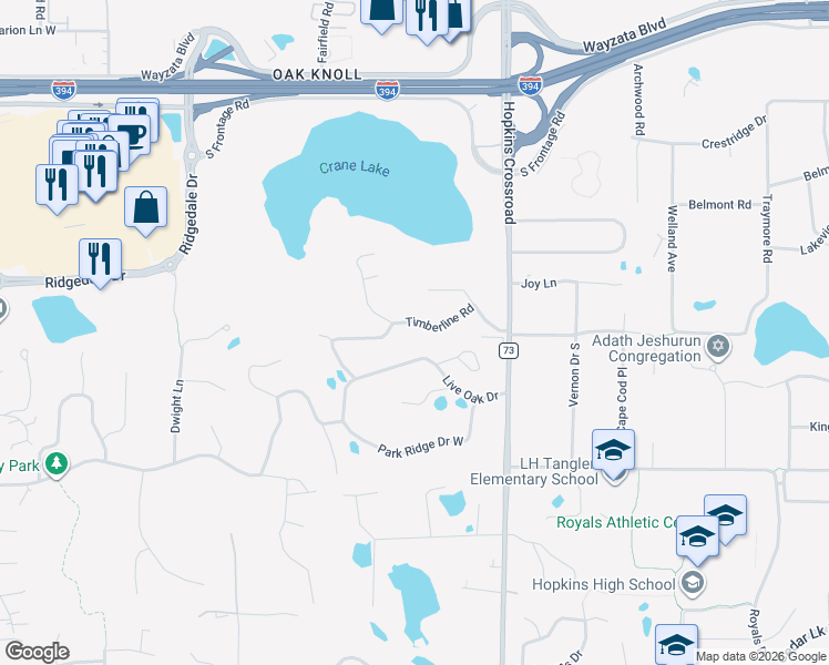 map of restaurants, bars, coffee shops, grocery stores, and more near 11601 Timberline Road in Hopkins