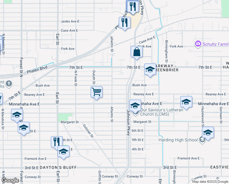 map of restaurants, bars, coffee shops, grocery stores, and more near 1243 Reaney Avenue East in Saint Paul