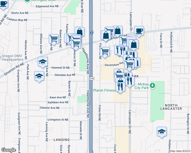 map of restaurants, bars, coffee shops, grocery stores, and more near 3532 Anchor Court Northeast in Salem