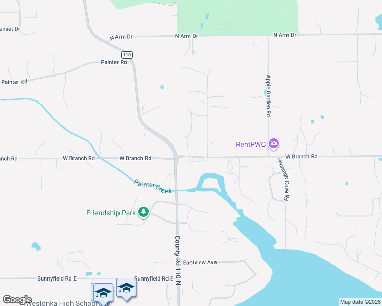 map of restaurants, bars, coffee shops, grocery stores, and more near 5540 West Branch Road in Minnetrista