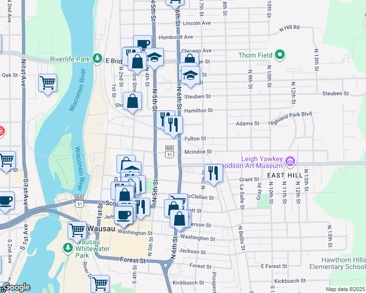 map of restaurants, bars, coffee shops, grocery stores, and more near 530 Mcindoe Street in Wausau