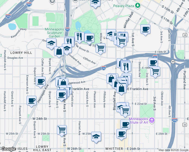 map of restaurants, bars, coffee shops, grocery stores, and more near 400 Ridgewood Avenue in Minneapolis
