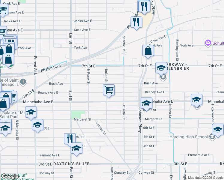 map of restaurants, bars, coffee shops, grocery stores, and more near 1208 Reaney Avenue East in Saint Paul