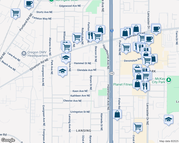 map of restaurants, bars, coffee shops, grocery stores, and more near 3286 Glendale Avenue Northeast in Salem