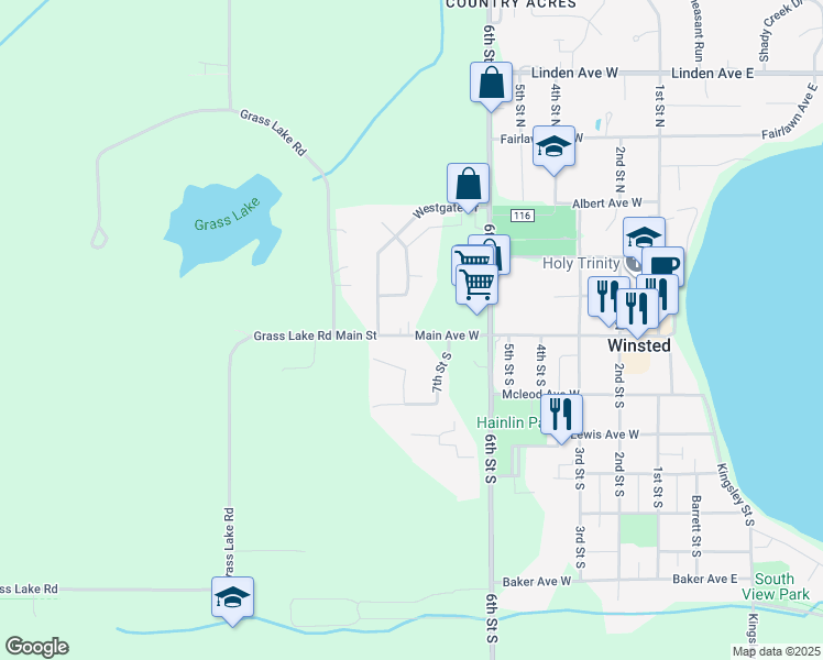 map of restaurants, bars, coffee shops, grocery stores, and more near 760 Main Avenue West in Winsted