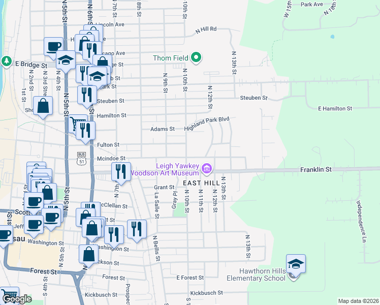 map of restaurants, bars, coffee shops, grocery stores, and more near 1017 Mcindoe Street in Wausau