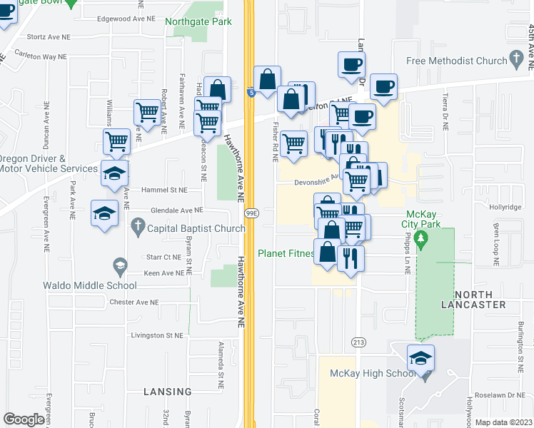 map of restaurants, bars, coffee shops, grocery stores, and more near 3554 Anchor Court Northeast in Salem