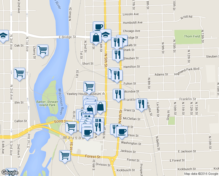 map of restaurants, bars, coffee shops, grocery stores, and more near 502 Mcindoe Street in Wausau
