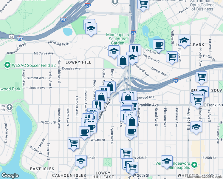map of restaurants, bars, coffee shops, grocery stores, and more near 1912 Hennepin Avenue in Minneapolis