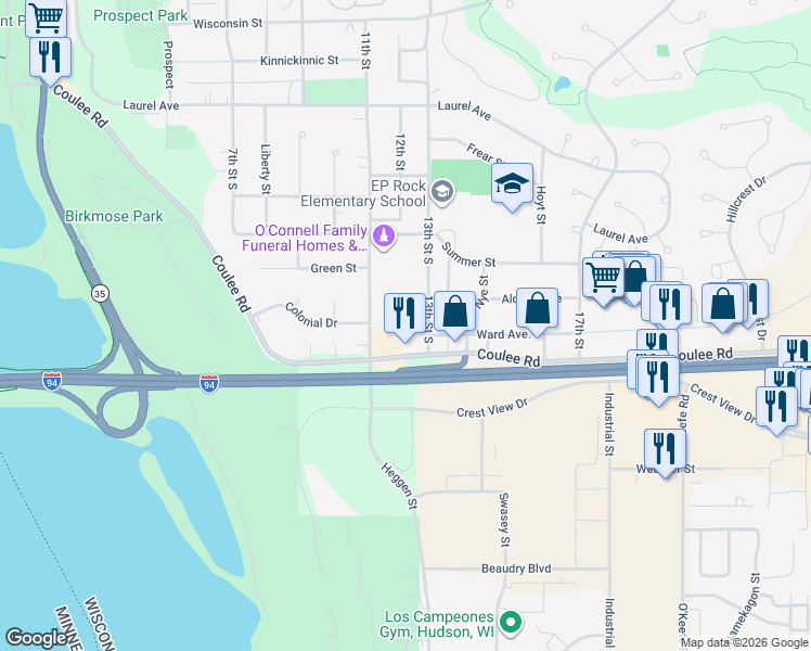 map of restaurants, bars, coffee shops, grocery stores, and more near 637 13th Street South in Hudson