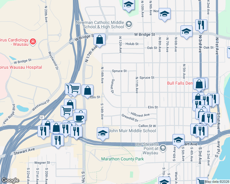 map of restaurants, bars, coffee shops, grocery stores, and more near 202 North 12th Avenue in Wausau