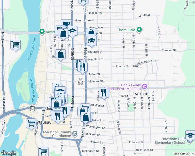 map of restaurants, bars, coffee shops, grocery stores, and more near 908 North 7th Street in Wausau