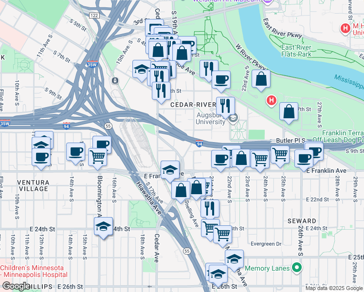 map of restaurants, bars, coffee shops, grocery stores, and more near 1901 Minnehaha Avenue in Minneapolis
