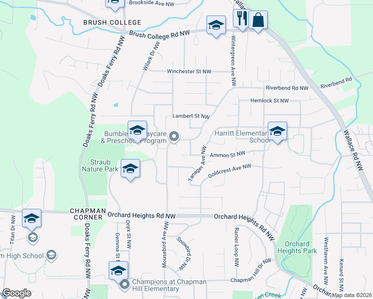 map of restaurants, bars, coffee shops, grocery stores, and more near 2118 Cerise Avenue Northwest in Salem