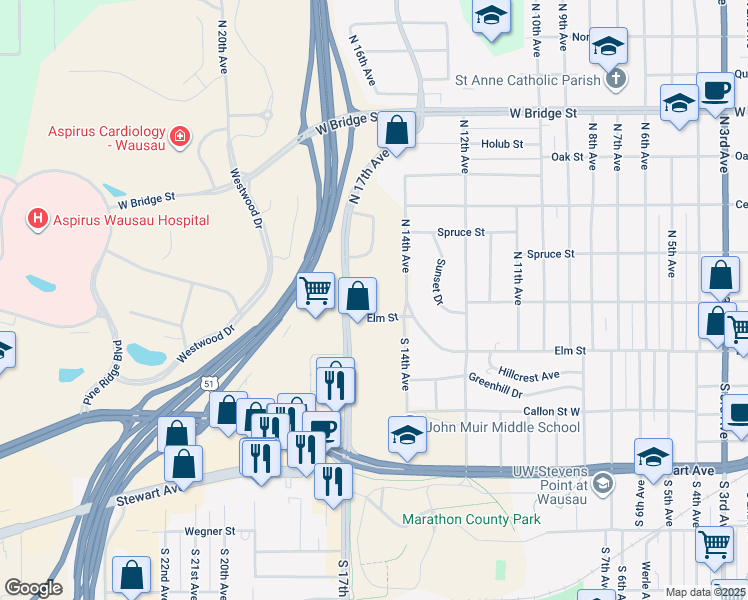 map of restaurants, bars, coffee shops, grocery stores, and more near 1402-1498 Elm St in Wausau