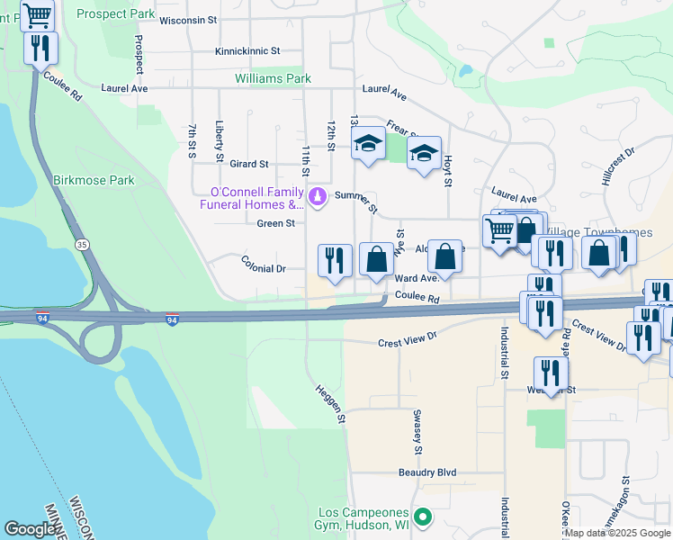 map of restaurants, bars, coffee shops, grocery stores, and more near 703 13th Street South in Hudson